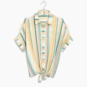 Linen Short-Sleeve Tie Front in Pineapple Stripe